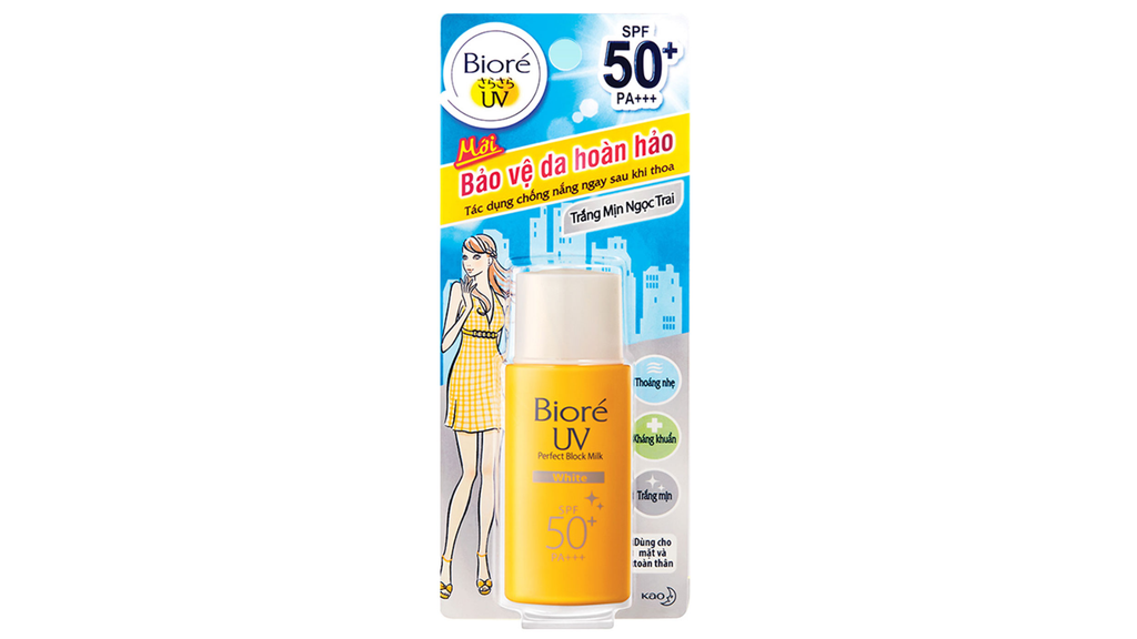 Sữa chống nắng Biore UV Perfect Block Milk White có kết cấu lòng, dễ thoa, giúp hạn chế da bóng dầu hiệu quả.