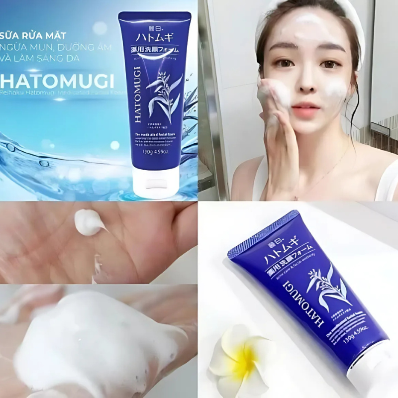 Sử dụng đều đặn 2 lần/ngày sữa rửa mặt Hatomugi màu xanh mang lại làn da sạch sâu, mịn màng, trắng sáng
