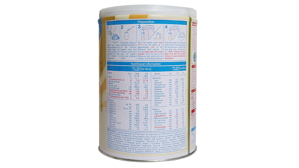 Thông tin thành phần dinh dưỡng của sữa Meiji số 0 được ghi rõ trên vỏ hộp
