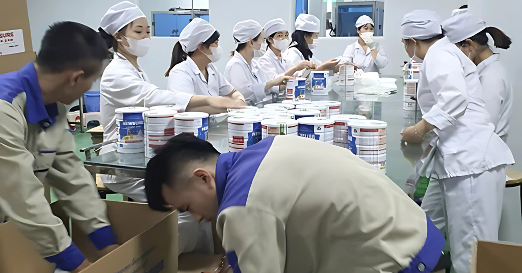 Công nhân đóng hộp thành phẩm sữa bột tại cơ sở sản xuất, chuẩn bị tung ra thị trường.