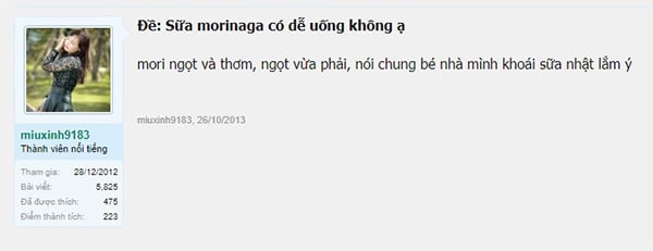 Mẹ bỉm chia sẻ trên lamchame, sữa Morinaga thơm và có vị ngọt vừa phải Sữa Morinaga số 0 dễ uống