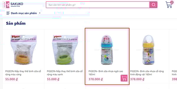 Bước 2 đặt mua bình Pigeon trên website Sakuko