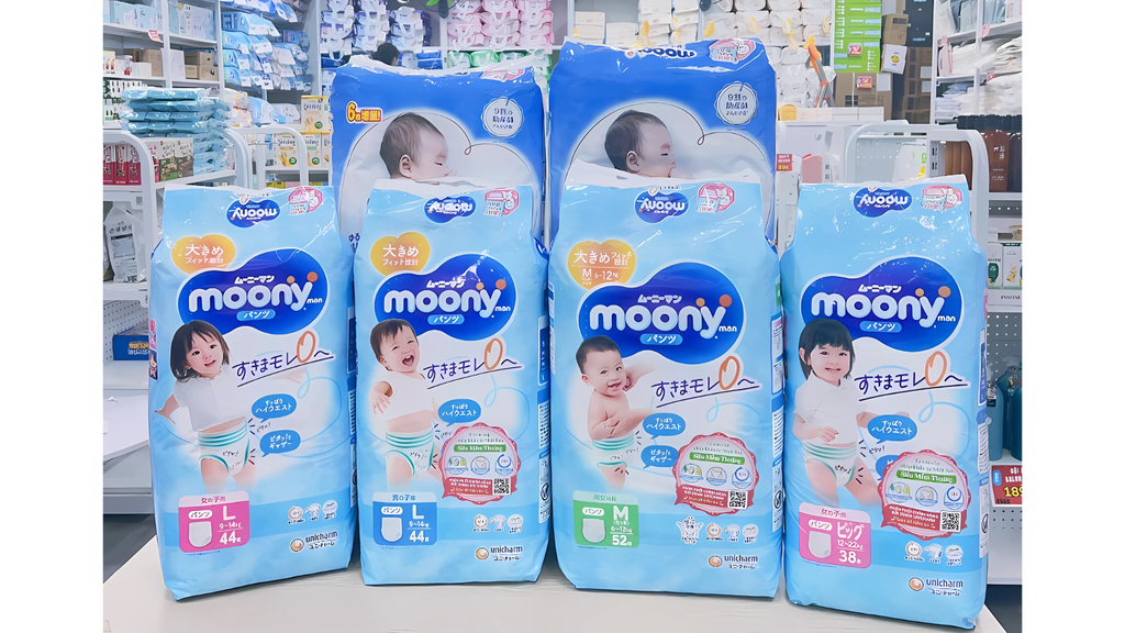 Bỉm Moony ban đêm cho trẻ có đa dạng kích cỡ cho mẹ lựa chọn.