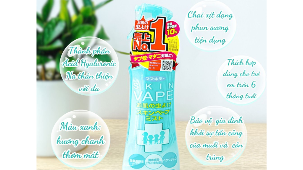 Xịt muỗi Vape chứa Hyaluronic Acid (HA) giúp lưu giữ độ ẩm cho da bé.