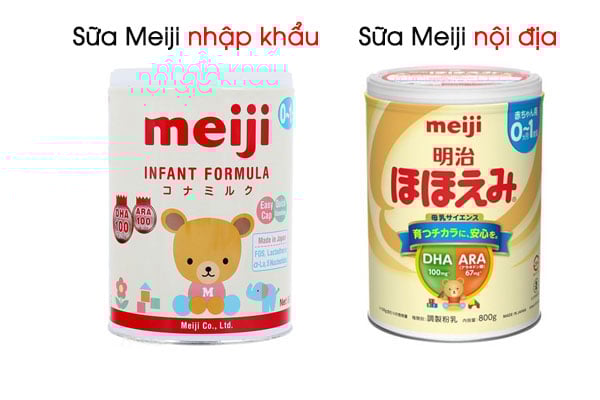 Vỏ hộp bên ngoài sữa Meiji nội địa và nhập khẩu