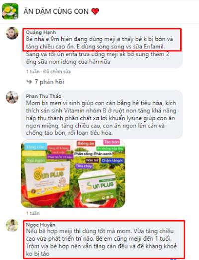 Dưới bài đăng của mẹ Nguyễn Trân, mẹ Quảng Hạnh, Ngọc Huyền chia sẻ trải nghiệm ưng ý khi cho con mình dùng Meiji. Cả hai đều hài lòng về tác dụng cải thiện chiều cao của sản phẩm. mẹ Nguyễn Trân, mẹ Quảng Hạnh, Ngọc Huyền chia sẻ trải nghiệm ưng ý khi cho con mình dùng Meiji