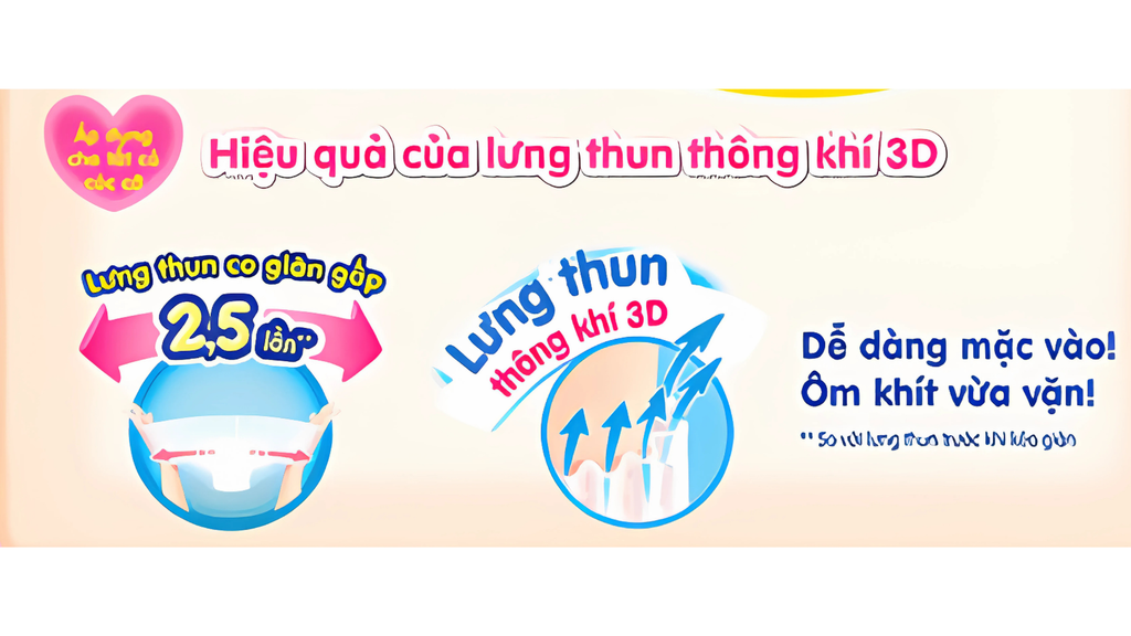 Bỉm Merries có thiết kế lưng thun co dãn lên đến 2,5 lần so với kích cỡ ban đầu, ôm khít cơ thể bé mà vẫn dễ chịu.
