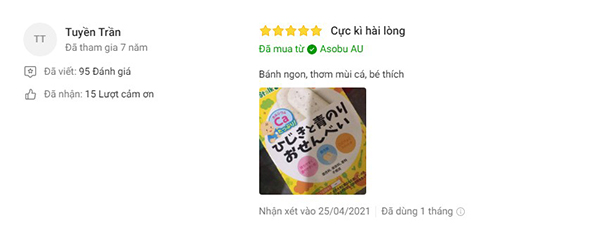 Mẹ Tuyền Trần để lại bình luận khen bánh Pigeon có hương vị thơm ngon, khiến bé yêu thích. Review bánh ăn dặm Pigeon