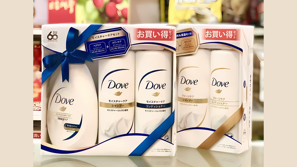 Bao bì bộ gội xả Dove Nhật Bản nội địa sẽ ghi bằng tiếng Nhật.