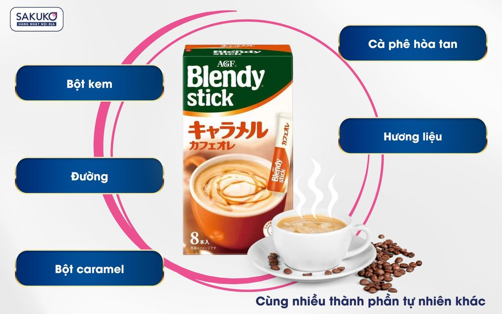 Thành phần cà phê hòa tan Blendy Stick caramel AGF 8 thanh
