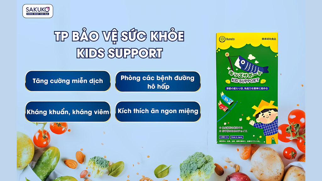 Bột cốm tăng miễn dịch Kids Support có vị đào dễ uống, hỗ trợ tăng miễn dịch, ngăn ngừa và điều trị các bệnh về viêm đường hô hấp.