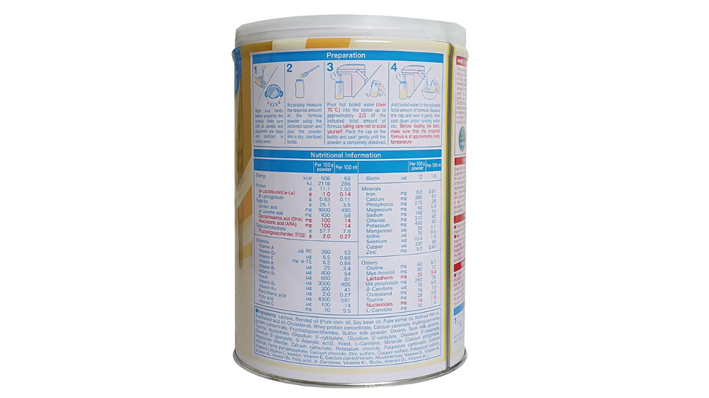 Thành phần dinh dưỡng của sữa Meiji số 0 được in trên vỏ hộp