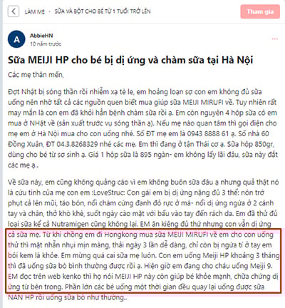 review sữa Meiji không chứa đạm sữa bò trên diễn đàn Webtretho