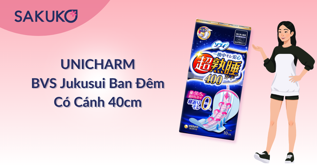 Băng vệ sinh UNICHARM Jukusui ban đêm có cánh 40cm