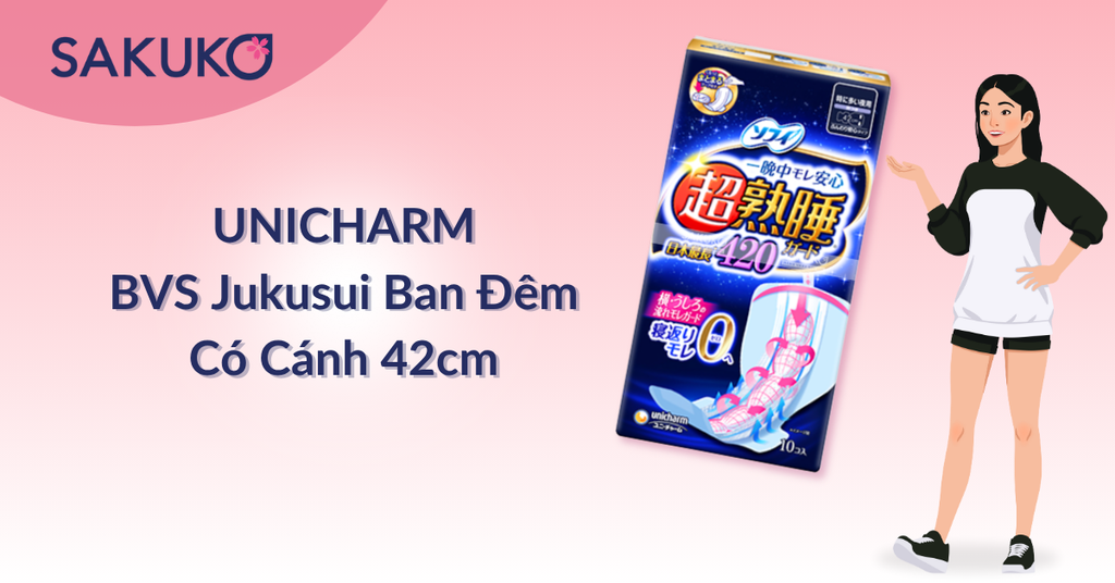 Băng vệ sinh UNICHARM Jukusui ban đêm có cánh 42cm