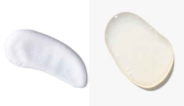 Kết cấu của kem dưỡng (bên trái) thường đặc và dày hơn serum (bên phải). Kết cấu của kem dưỡng (bên trái) thường đặc và dày hơn serum (bên phải).