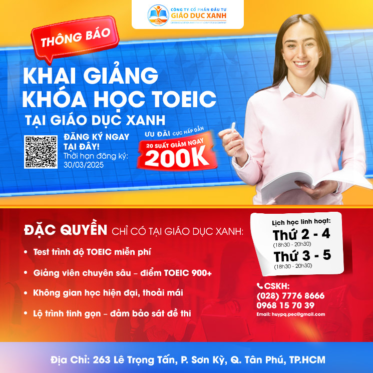THÔNG BÁO KHÓA HỌC TOEIC – GIÁO DỤC XANH