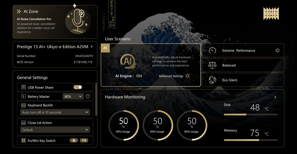 công nghệ AI hiện đại được tích hợp trên laptop MSI Prestige 13 AI+ Ukiyo-e Edition