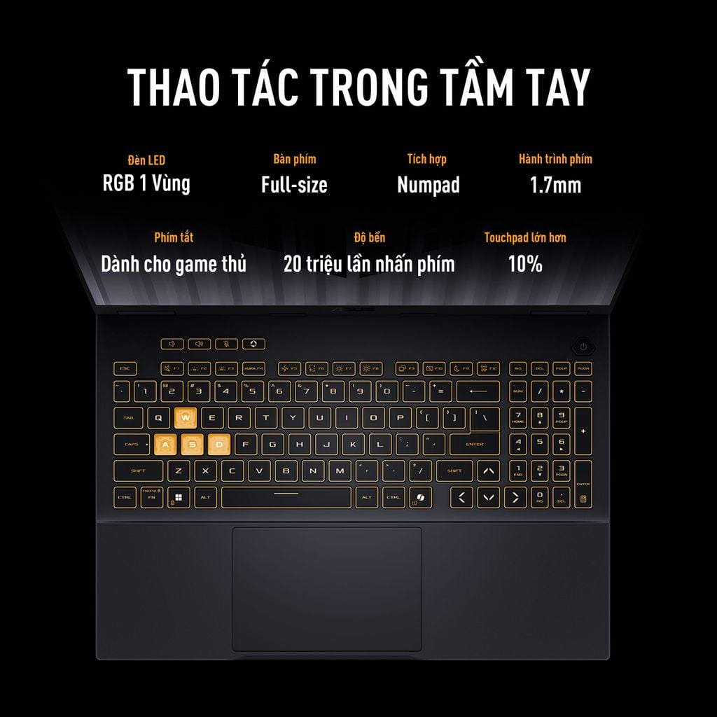 Laptop ASUS TUF Gaming F16 trang bị bàn phím RGB 1 vùng và touchpad rộng rãi