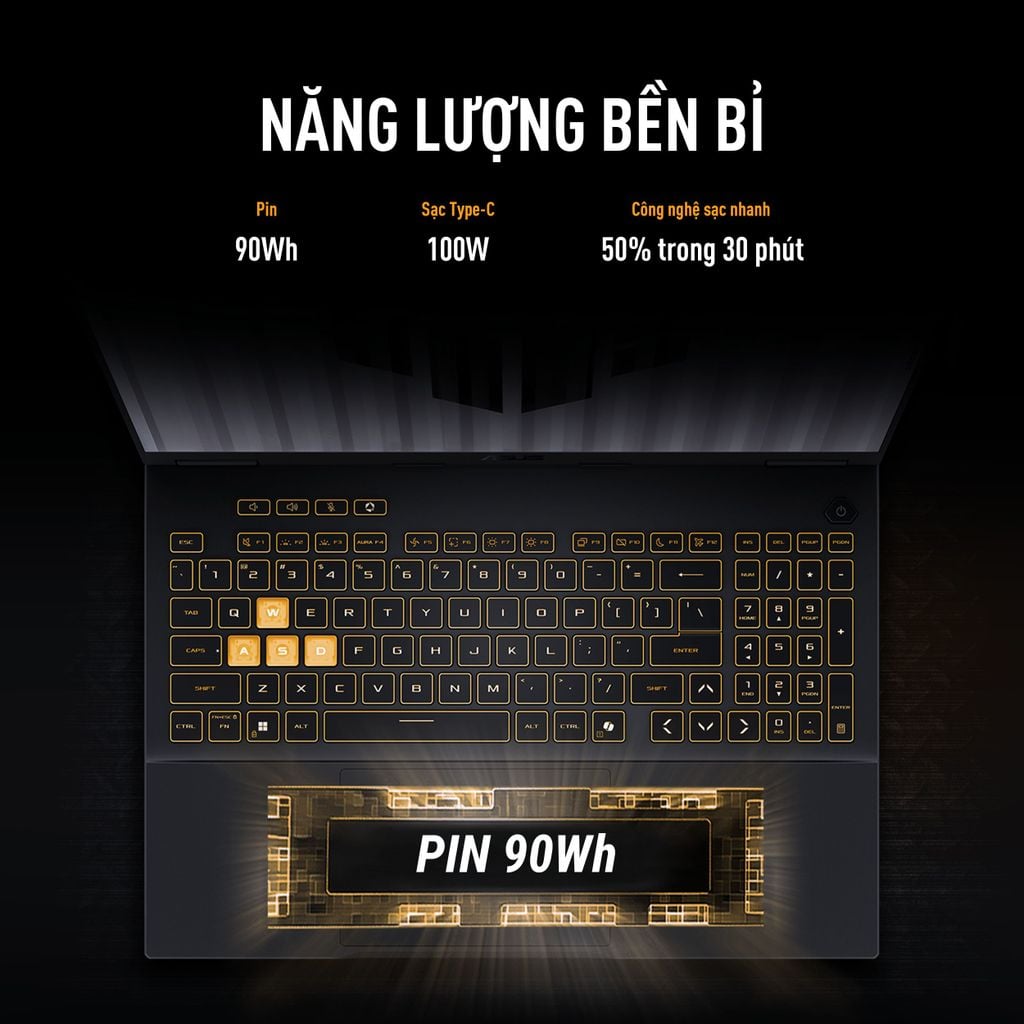 Thời lượng pin bền bỉ, hỗ trợ sạc nhanh trên Laptop ASUS TUF Gaming F16 FX608JH-RV039W