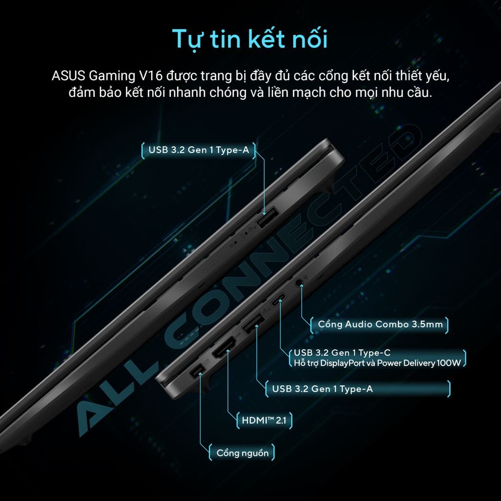 Đa dạng cổng kết nối trên Laptop Gaming Asus AI V16 V3607VU