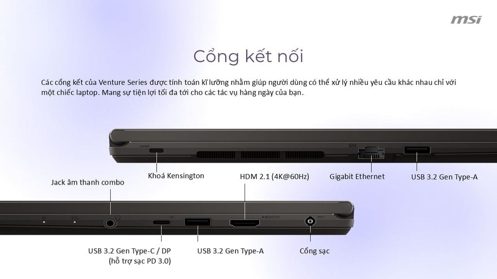 đa dạng cổng kết nối Laptop MSI VenturePro 16 AI A1VEG-003VN