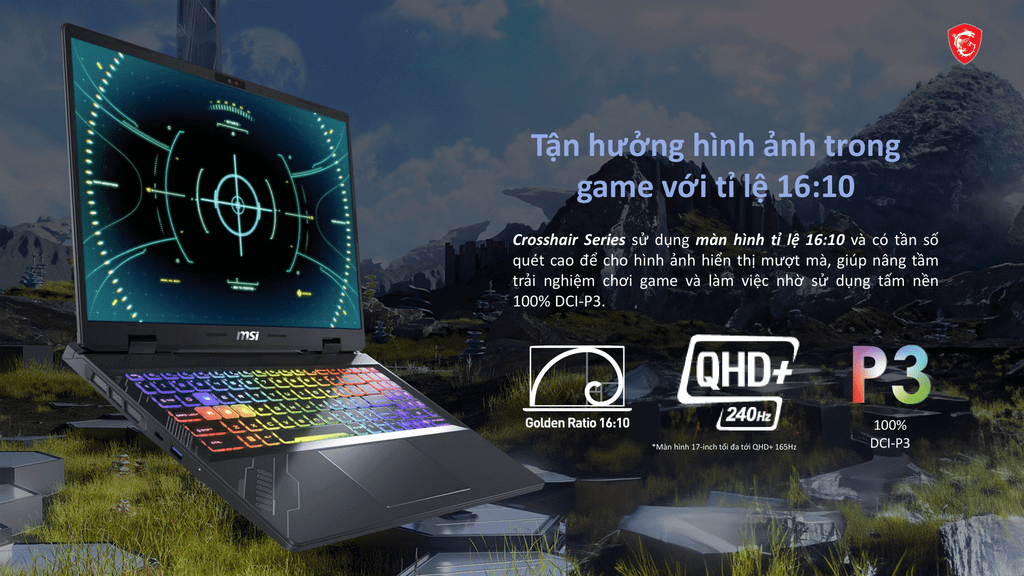 laptop gaming msi crosshair 16 hx ai d2xwgkg 034vn màn hình sống động, rực rỡ