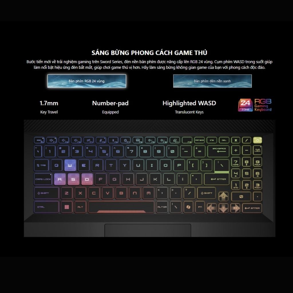 Laptop gaming MSI Sword 16 HX B14VEKG 856VN bàn phím RGB 24 Zone