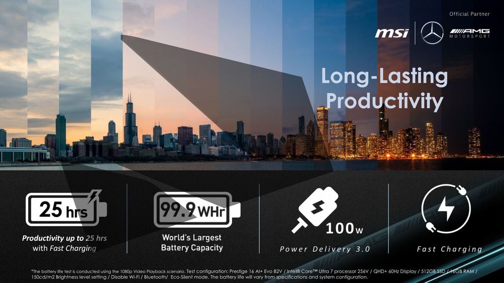 MSI Prestige 16 AI+ Mercedes AMG B2VMG 088VN pin và kết nối không dây hiện đại