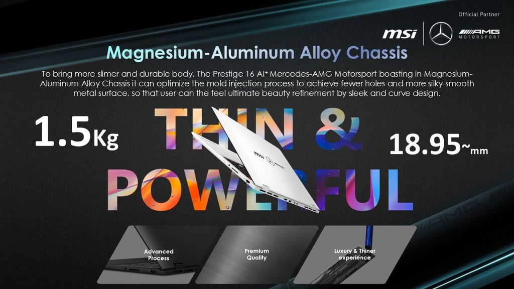 Laptop MSI Prestige 16 AI+ Mercedes AMG B2VMG 088VN thiết kế mỏng nhẹ đúng chuẩn doanh nhân