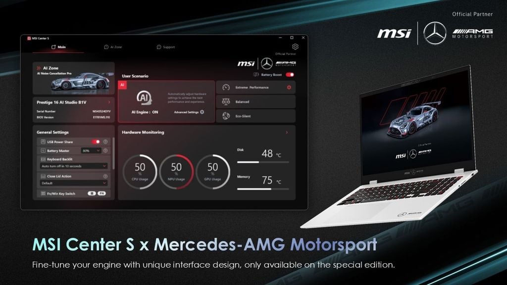 Laptop MSI Prestige 16 AI+ Mercedes AMG B2VMG 088VN được tích hợp chip AI
