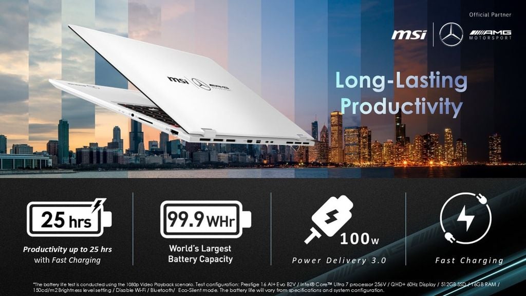 Laptop MSI Prestige 16 AI+ Mercedes AMG B2VMG 088VN dung lượng pin lớn dùng được trong nhiều giờ