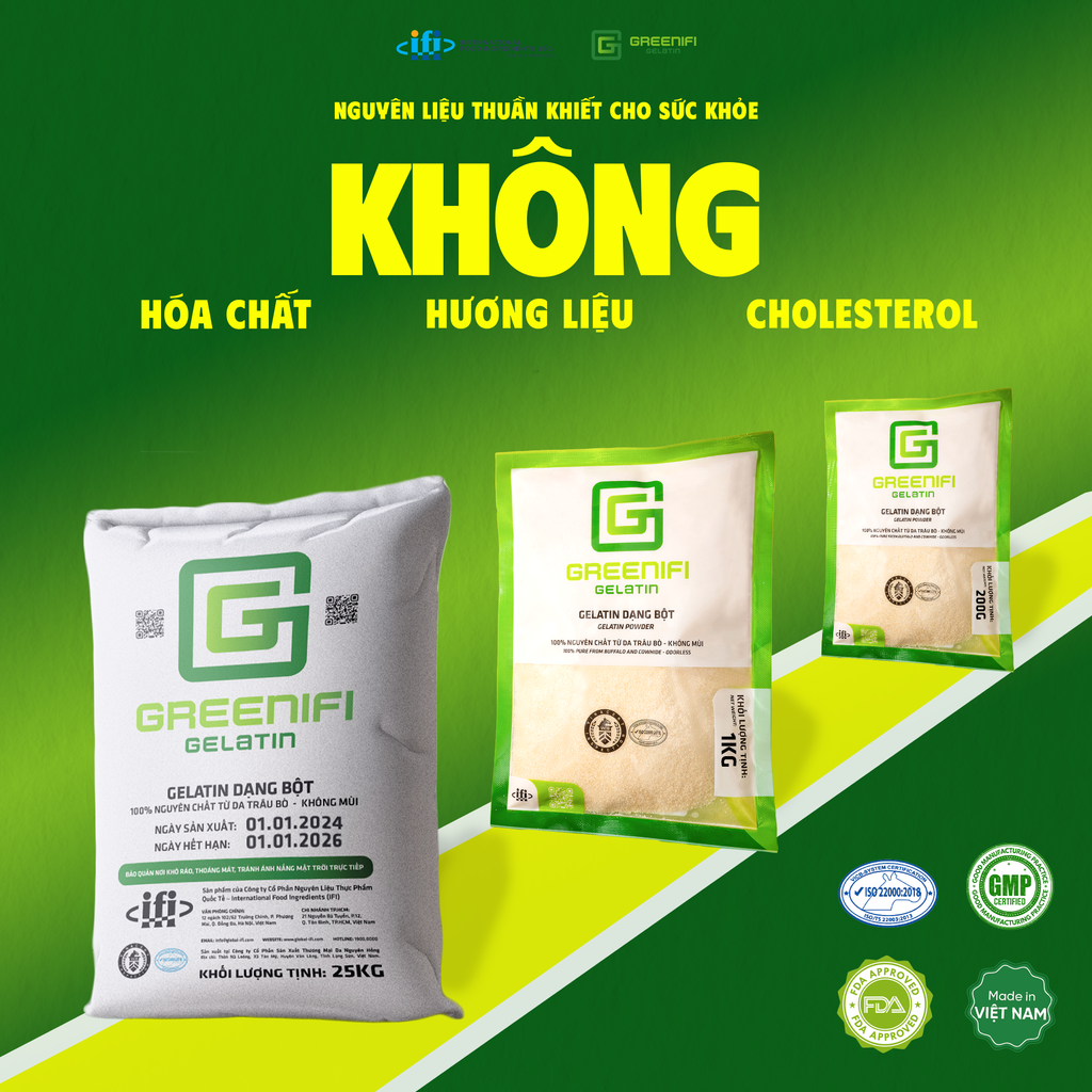 GELATIN TINH KHIẾT: KHÔNG HƯƠNG LIỆU NHÂN TẠO – KHÔNG CHOLESTEROL, KHÔNG HÓA CHẤT ĐỘC HẠI