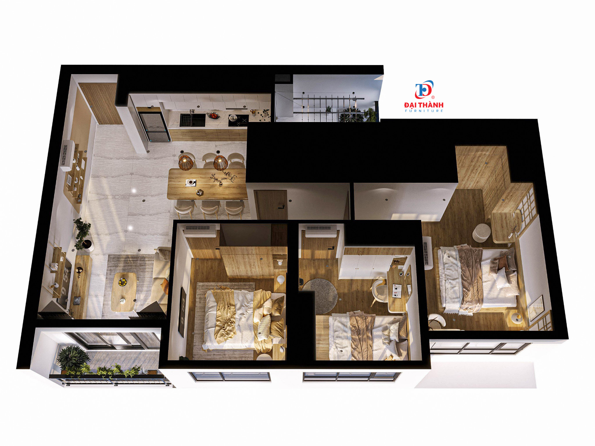 Thiết kế căn hộ 3 phòng ngủ HappyOne Central DT-L3B