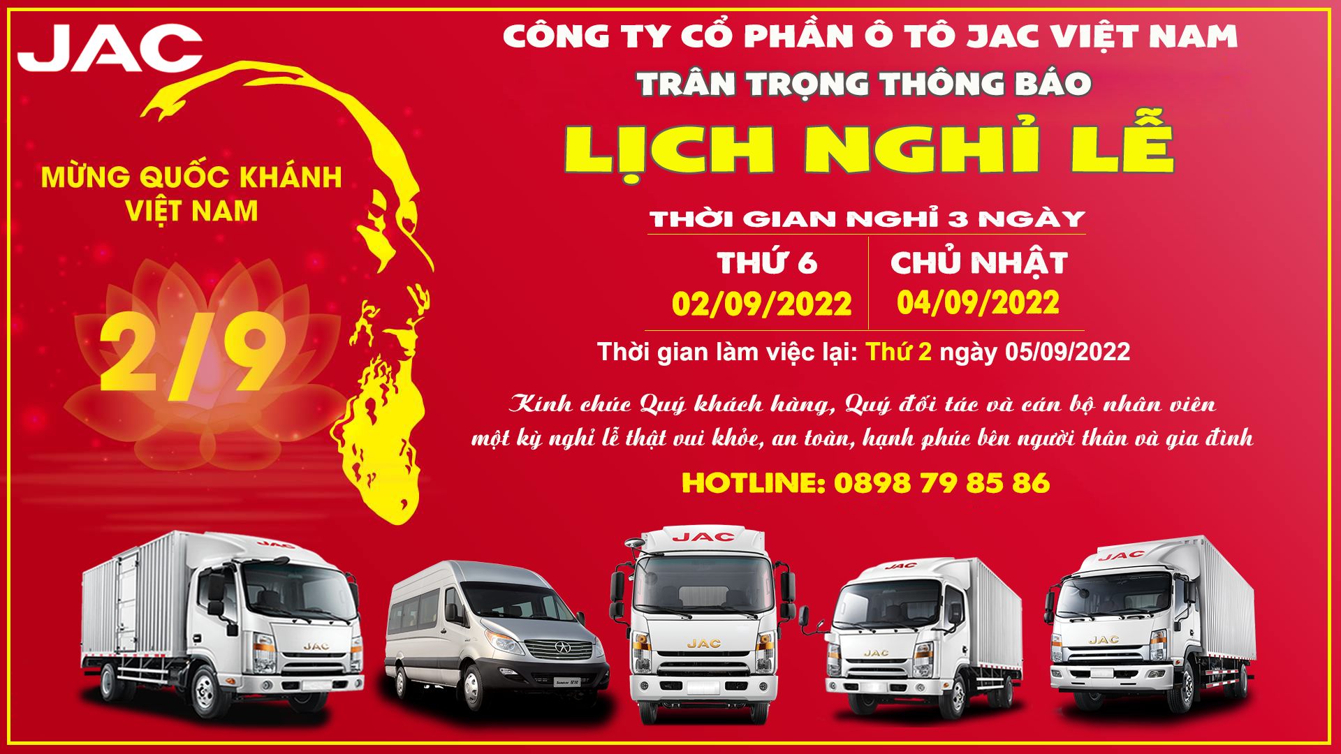 JAC VIỆT NAM THÔNG BÁO NGHỈ LỄ QUỐC KHÁNH 02/09/2022