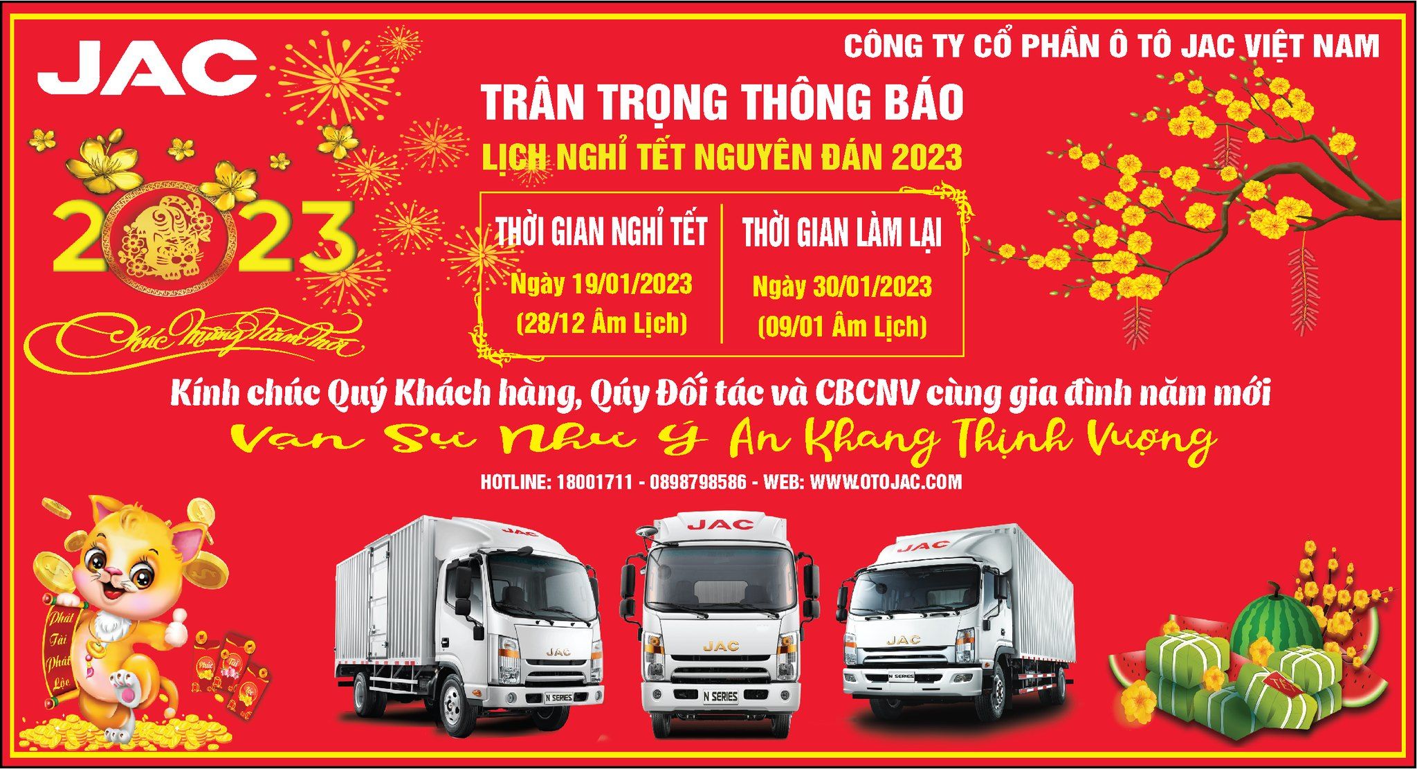 JAC VIỆT NAM TRÂN TRỌNG THÔNG BÁO LỊCH NGHỈ TẾT NGUYÊN ĐÁN 2023