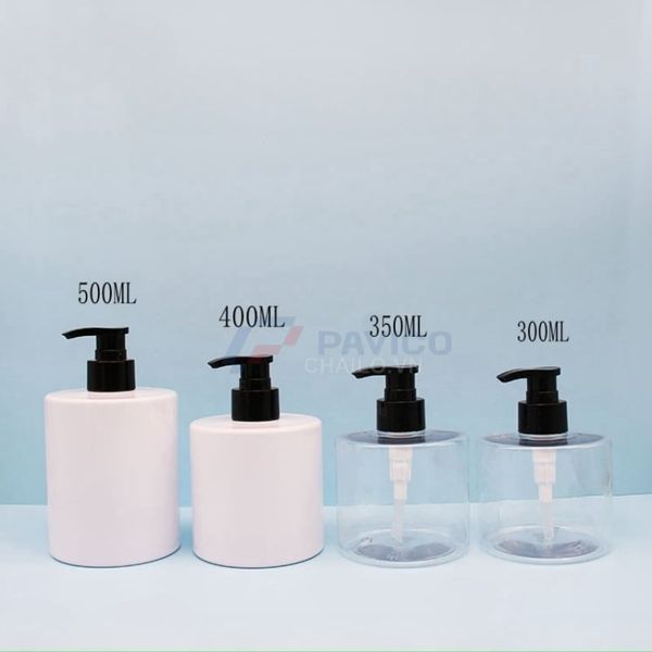 Bộ chai pet trắng trong 300ml 500ml vòi nhấn đen sữa tắm đầu bơm kem