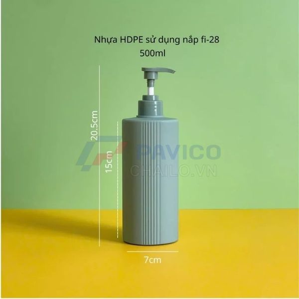 Chai đựng dầu gội sữa tắm HDPE 500ml xanh rêu dáng trụ đầu bơm