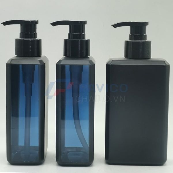 Chai mỹ phẩm HDPE đen vuông 500ml nắp pump đựng dầu gội cao cấp