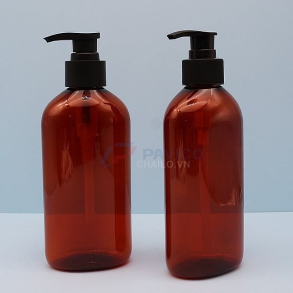 Chai nhựa PET thân oval nâu đỏ 500ml đầu bơm kem