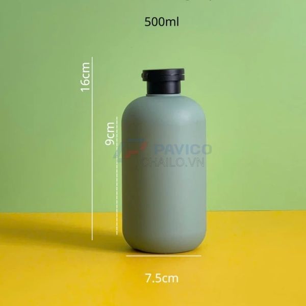 Chai nhựa PET tròn vai bầu 300ml 500ml đựng sữa tắm xanh rêu nhám nắp bật