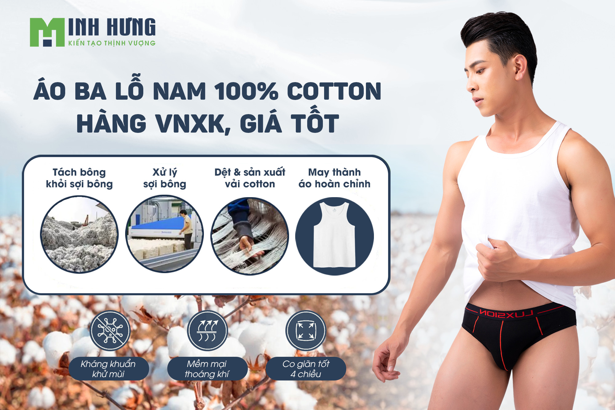 Áo Ba Lỗ Nam 100%Cotton Luxsion-Hàng VNXK Mềm Mại, Thoáng Mát, Giá Tốt