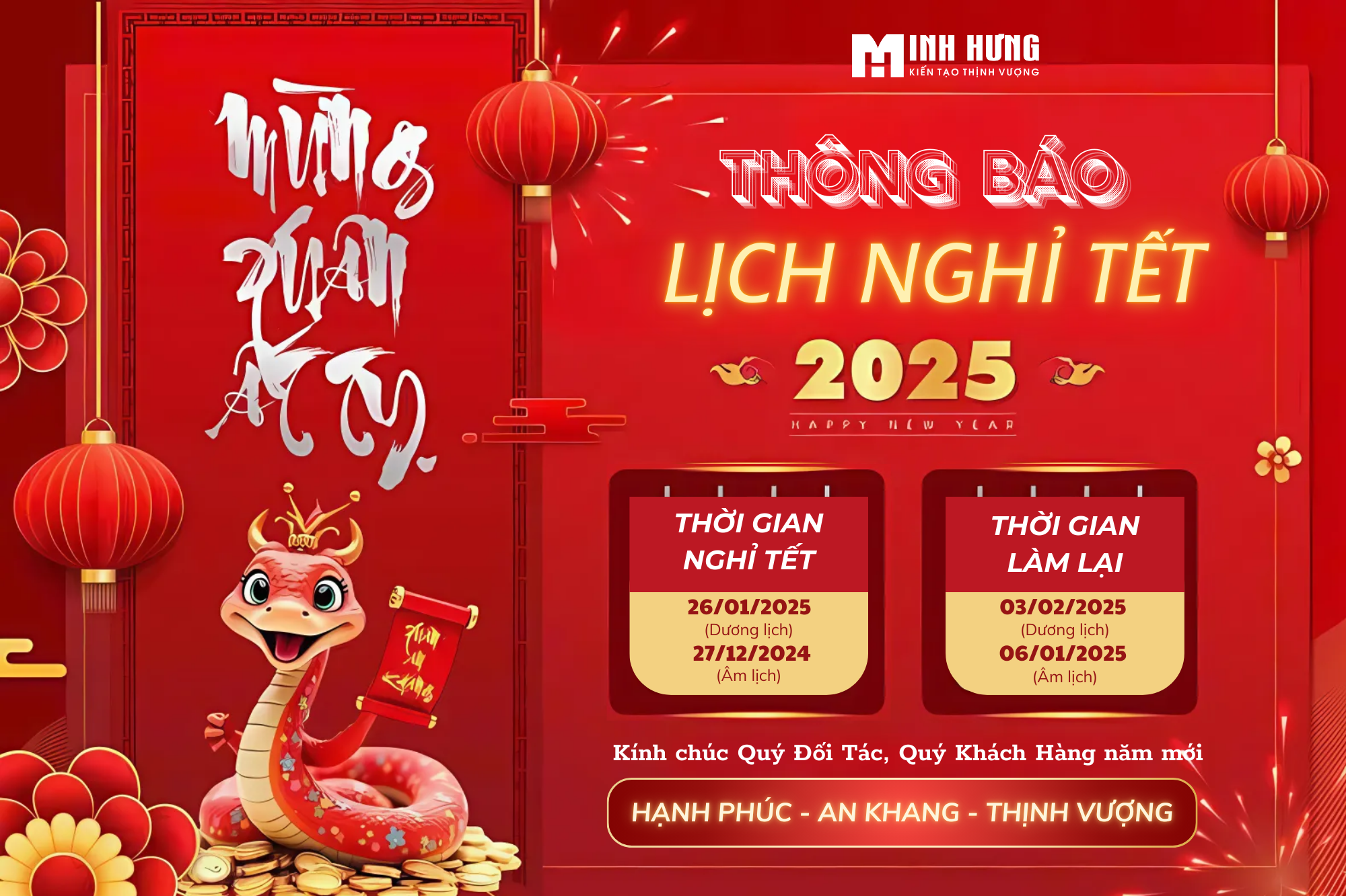 Minh Hưng thông báo lịch nghỉ Tết Ất Tỵ 2025 - Chúc Tết Quý Đối tác, Quý khách hàng
