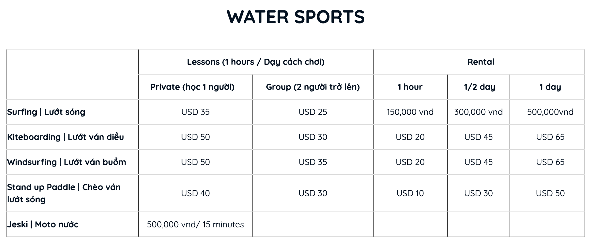 bảng giá water sport tại allezboo