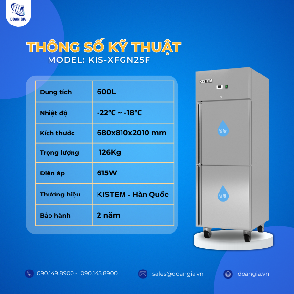 thông số kỹ thuật của tủ đông 2 cánh kistem 600L