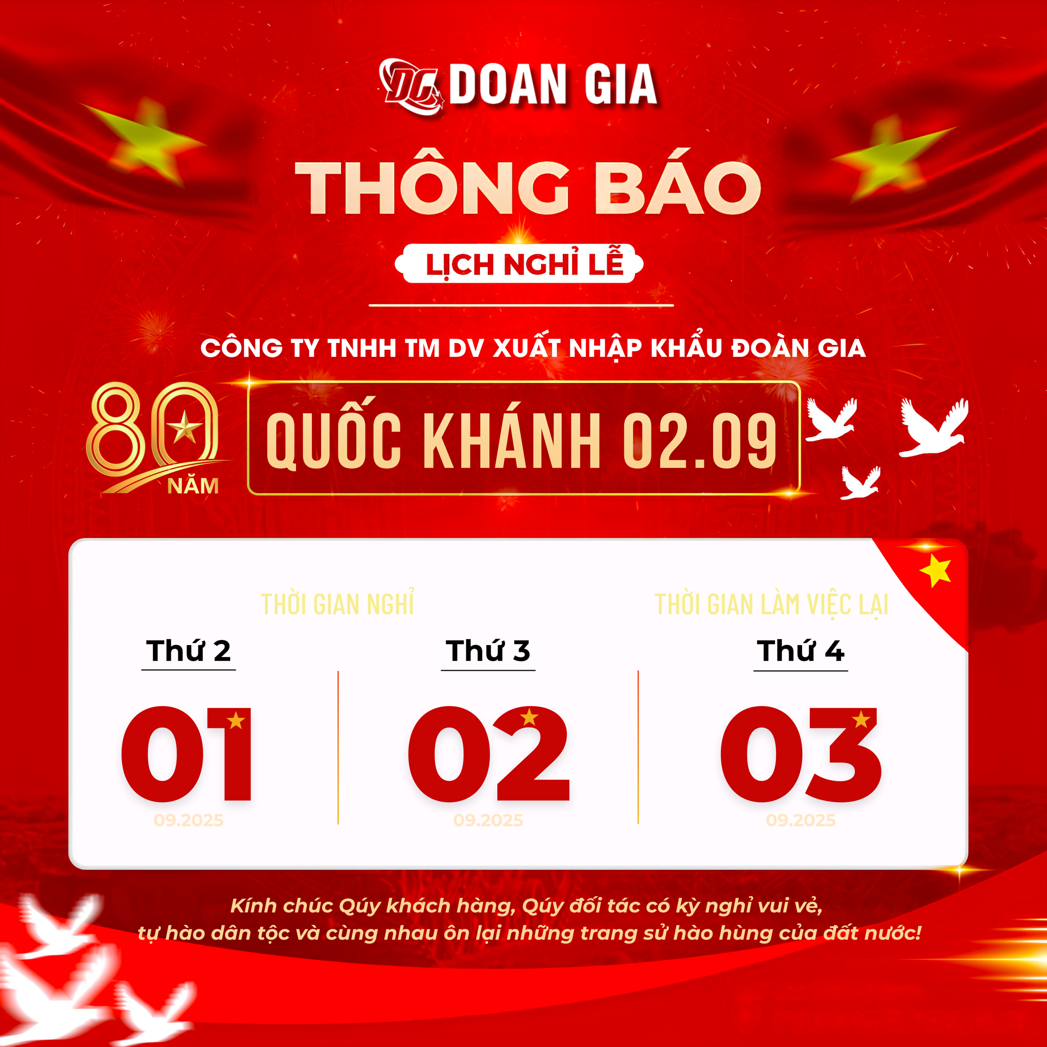 đoàn gia thông báo lịch nghỉ ngày Quốc Khánh