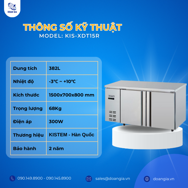 Thông số kỹ thuật của tủ bàn mát inox 2 cánh 1m5 KISTEM KIS-XDT15R