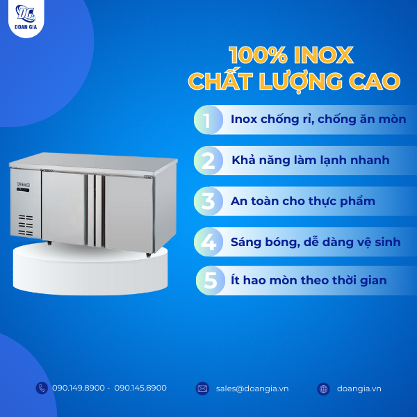 Chất liệu inox cao cấp của tủ bàn mát 1m5