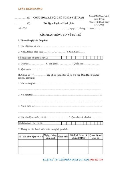 Giấy xác nhận thông tin cư trú - Mẫu CT07