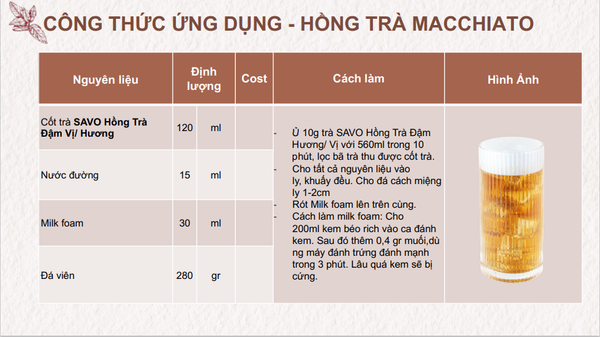 Công thức pha hồng trà sữa macchiato hấp dẫn. Nguồn: savotea.com